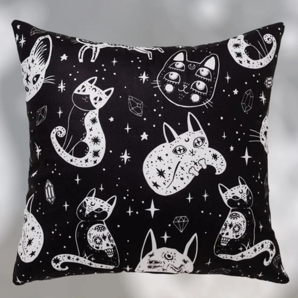 Pillow Cover Celestial Cat Moon Stars Black White Large Square 17.7 in